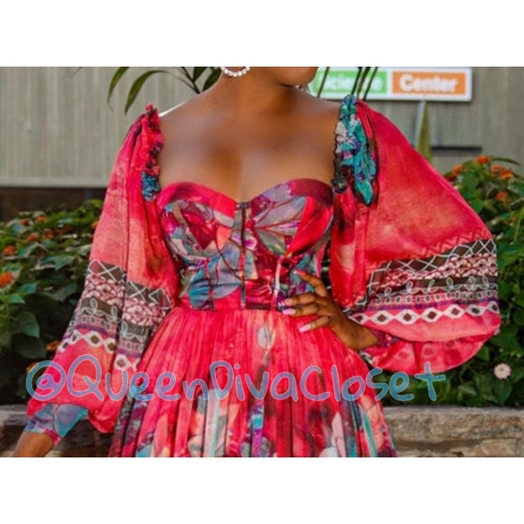 Floral queen goddess pink blue fuchsia bustier corset long sleeve maxi dress M 6 - Picture 2 of 6